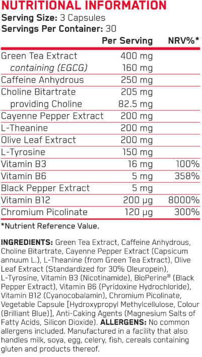 Applied Nutrition Shred-X 90 Capsules — ingredients label and nutrition facts panel