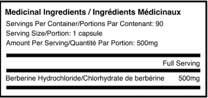 Fortitude Health Berberine 90 Capsules — ingredients label and nutrition facts panel