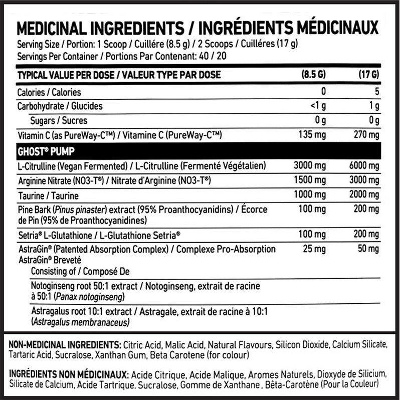 Ghost Pump Non-Stim Pre Workout 20/40 Servings — ingredients label and nutrition facts panel