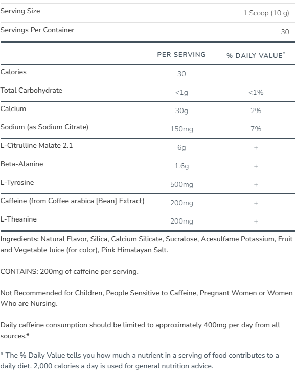 Alaninu Pre-Workout 30 Servings — Cherry Twist — ingredients label and nutrition facts panel