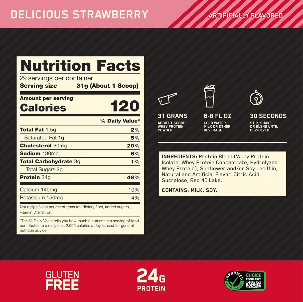 Optimum Nutrition Gold Standard Whey 10lbs — Delicious Strawberry — ingredients label and nutrition facts panel