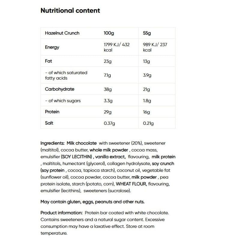 Wispy Protein Bar - Hazelnut Crunch (Box of 10 x 55g Bars) — ingredients label and nutrition facts panel