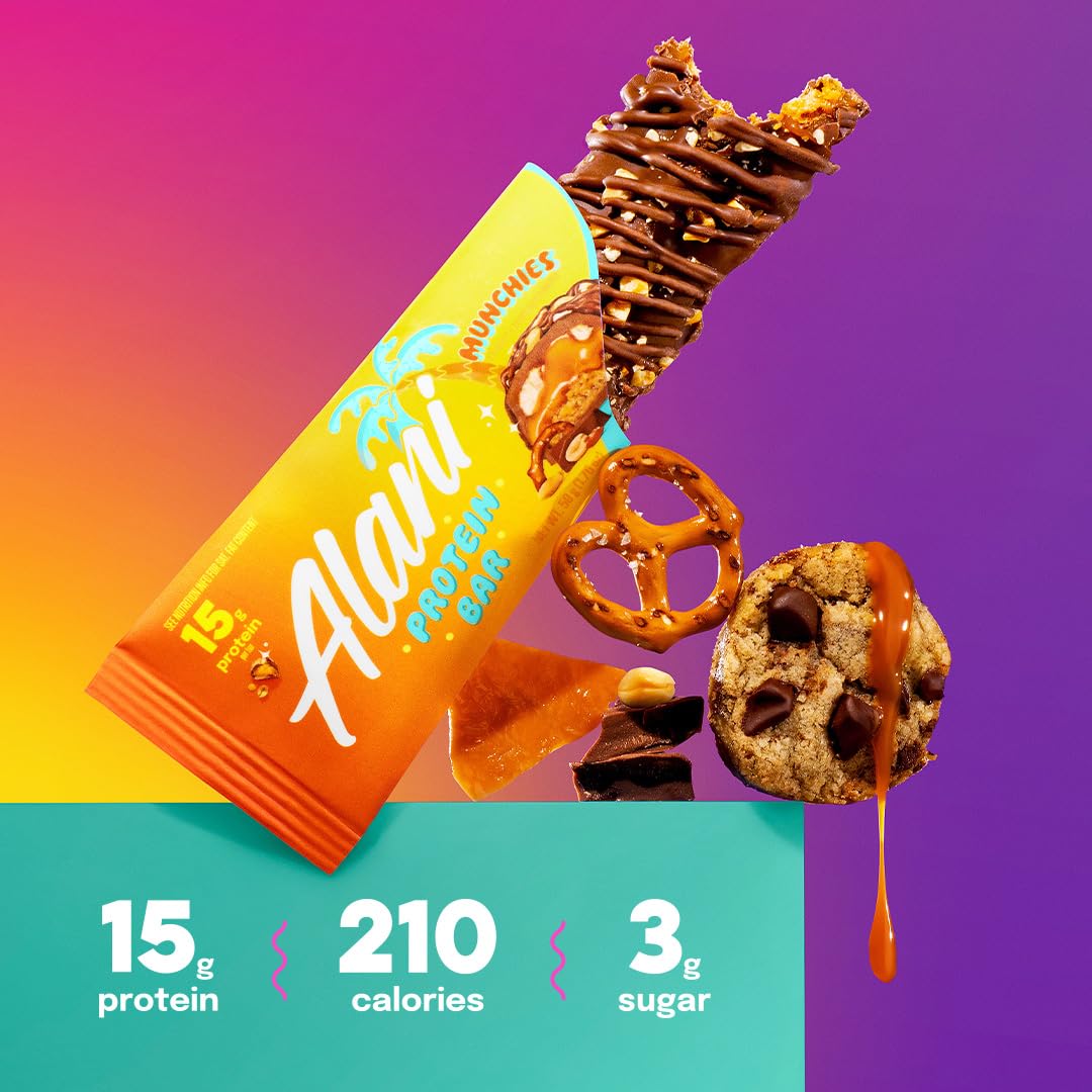 AlaniNu Protein Bar Munchies — bar in wrapper beside pretzel and cookie, showing 15g protein, 210 calories, 3g sugar