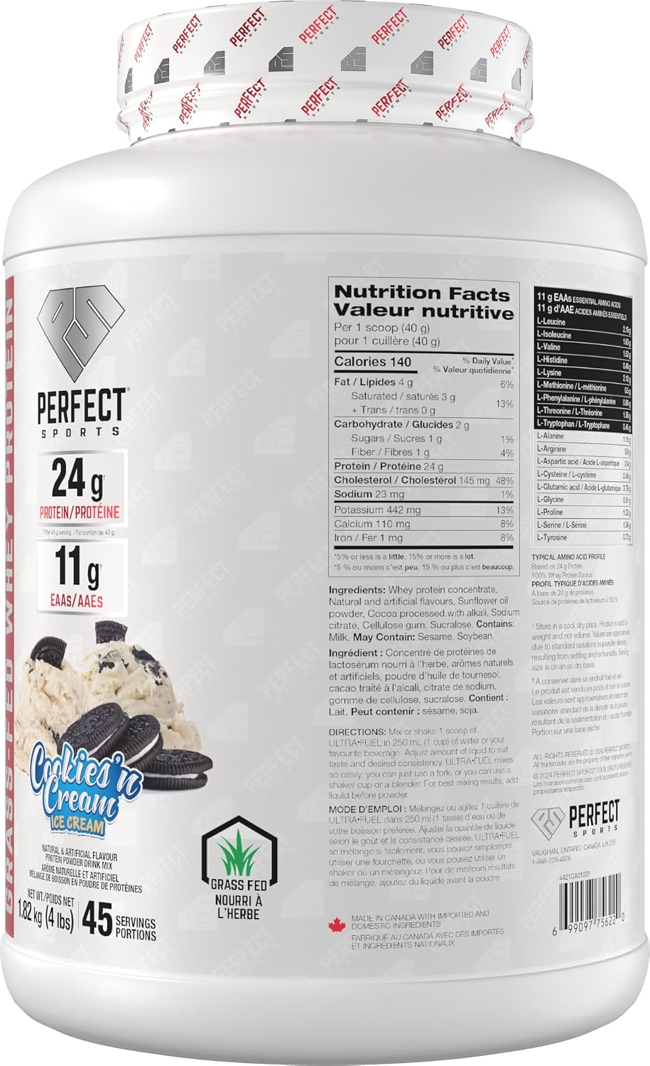 Perfect Sports Ultra Fuel Grass-Fed Whey Protein 4lb — Cookies & Cream Ice Cream — ingredients label and nutrition facts panel
