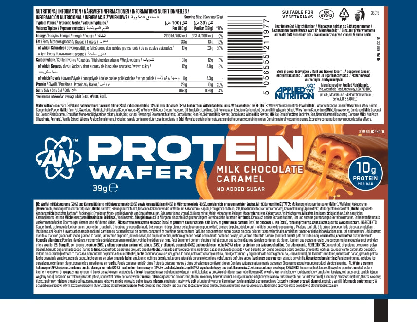 Applied Nutrition Protein Wafer Bar Milk Chocolate Caramel (Box of 12) — ingredients label and nutrition facts panel