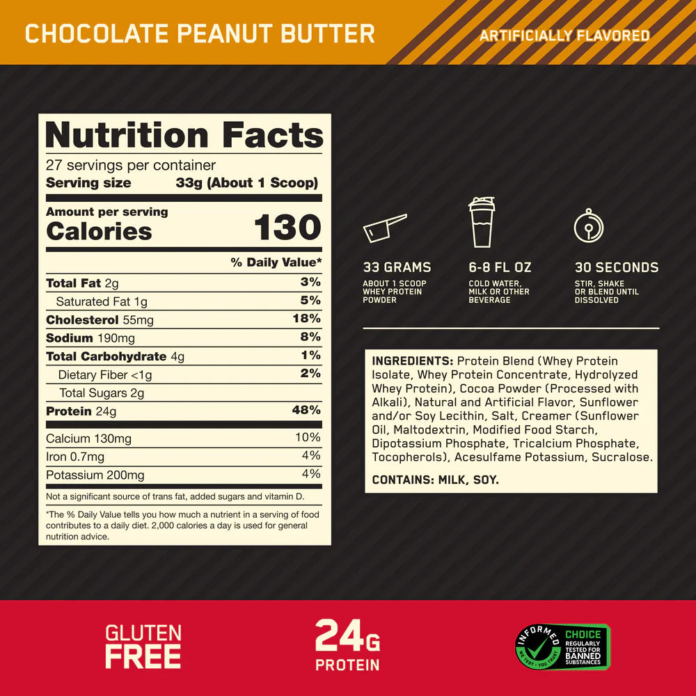 ON Gold Standard 100% Whey Protein 2LB — Chocolate Peanut Butter — ingredients label and nutrition facts panel