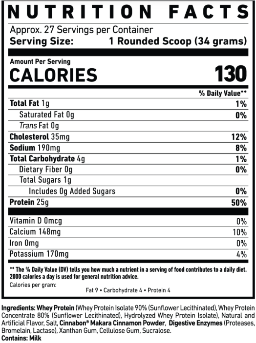 Ghost Whey Protein 2lbs 26 Servings — Cinnabon — ingredients label and nutrition facts panel