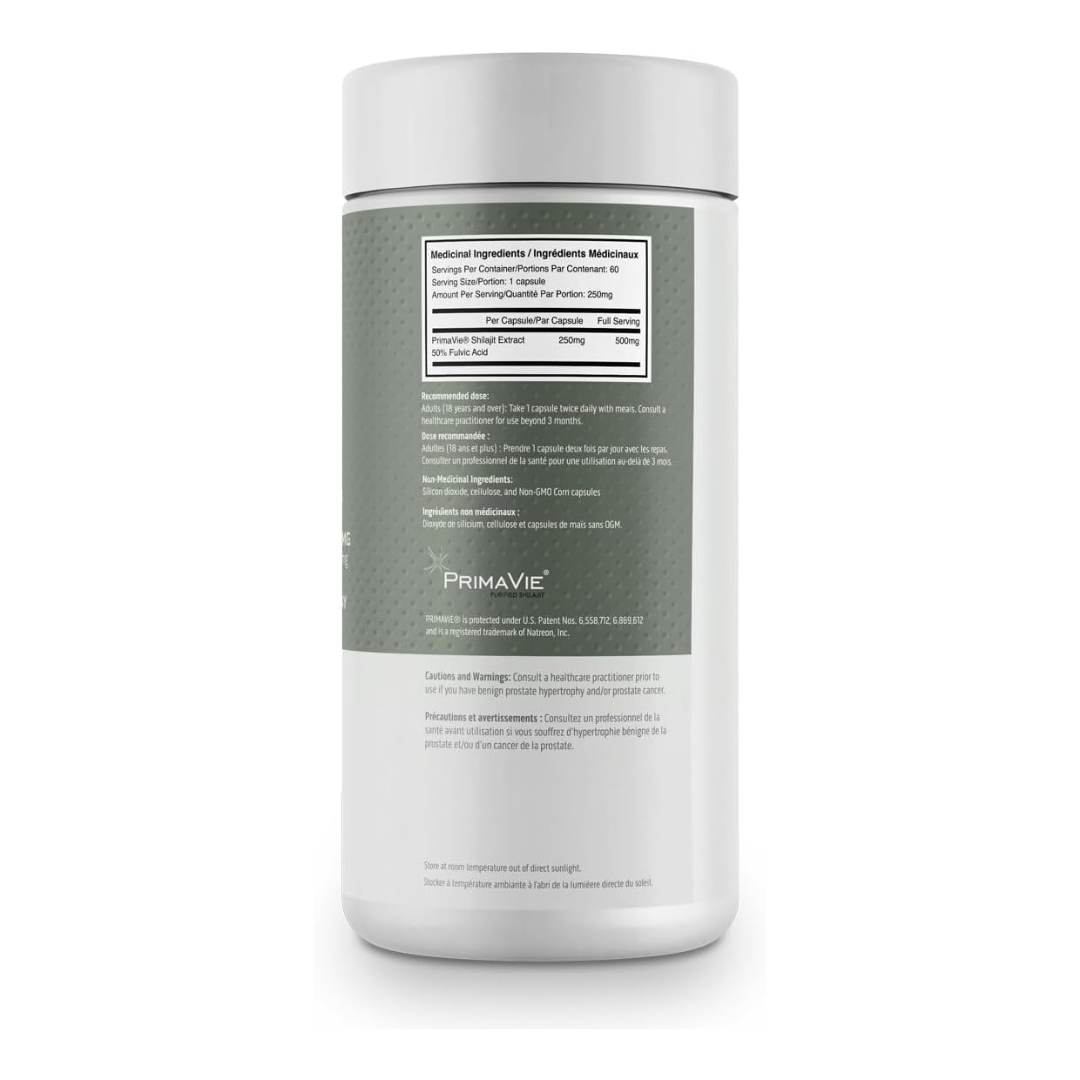 Fortitude Health Primavie Shilajit 60 Capsules — ingredients label and nutrition facts panel
