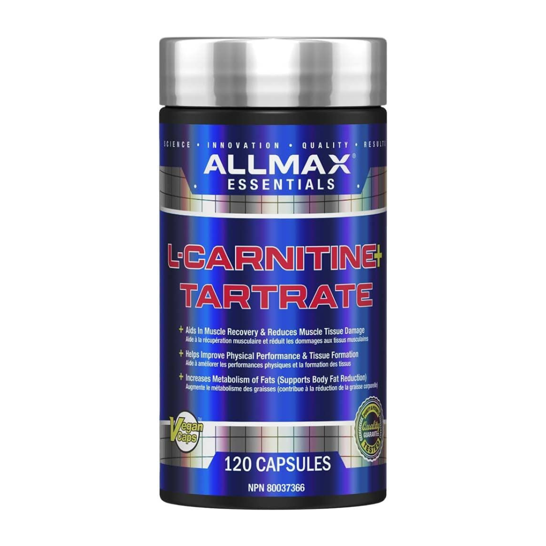 Allmax Essentials L-Carnitine+ Tartrate 120 Capsules — front label of bottle