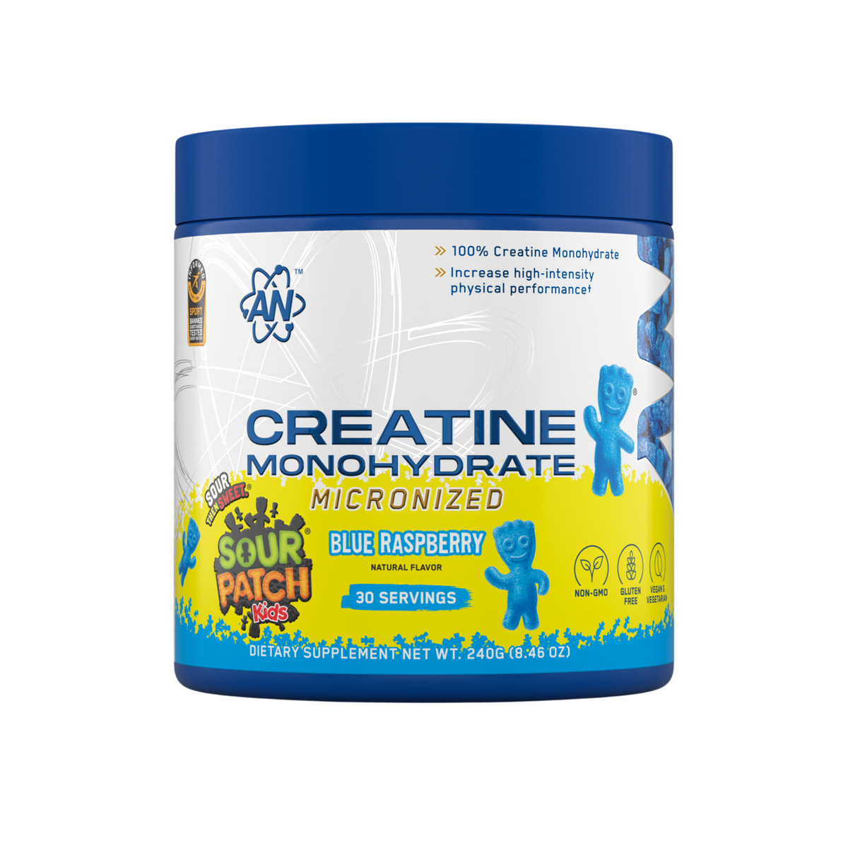 Applied Nutrition Micronized Creatine Monohydrate 240g / 30 — Blue Raspberry tub, front label with Sour Patch Kids branding