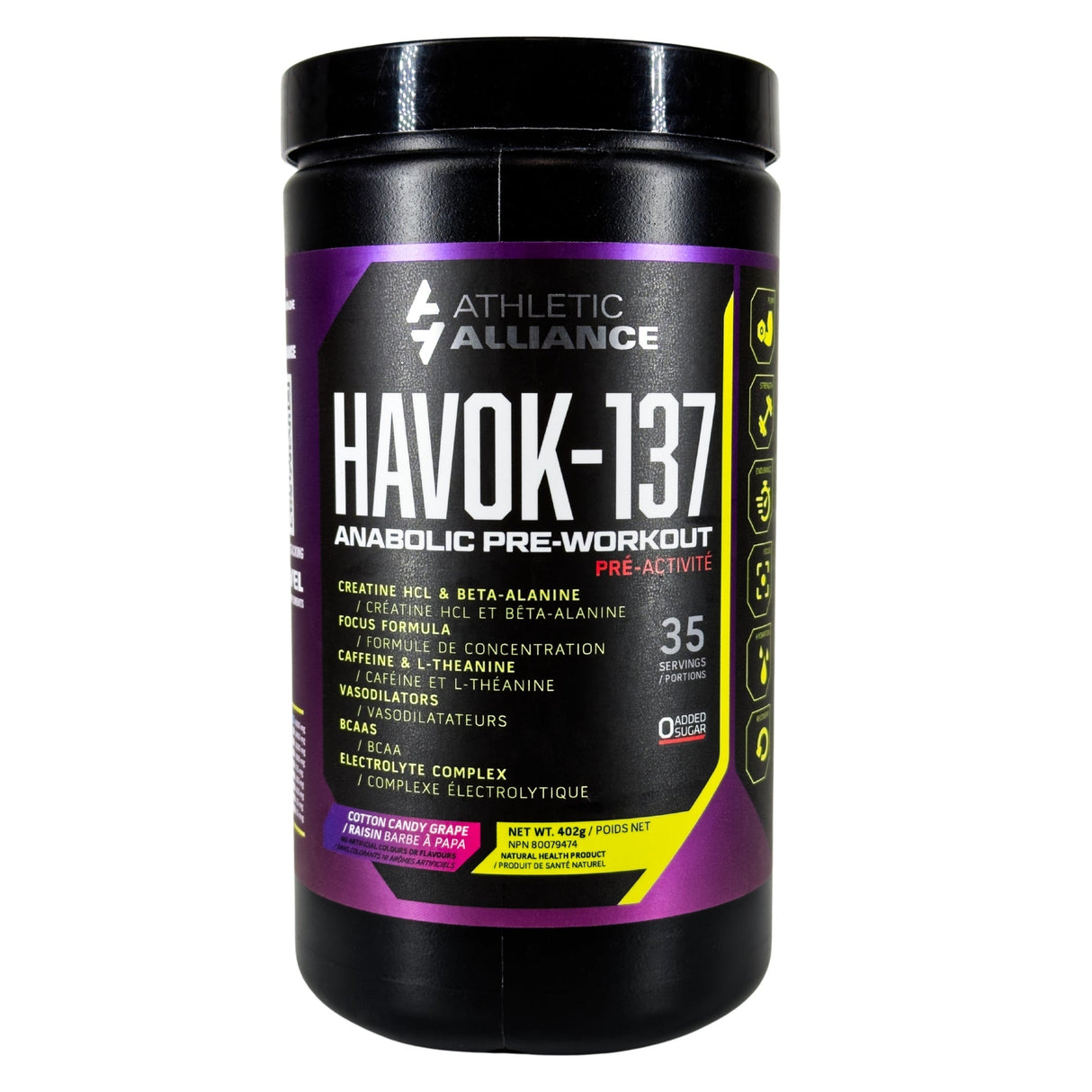 Black and purple supplement container labeled 'Havok-137' by Athletic Alliance on a white background.