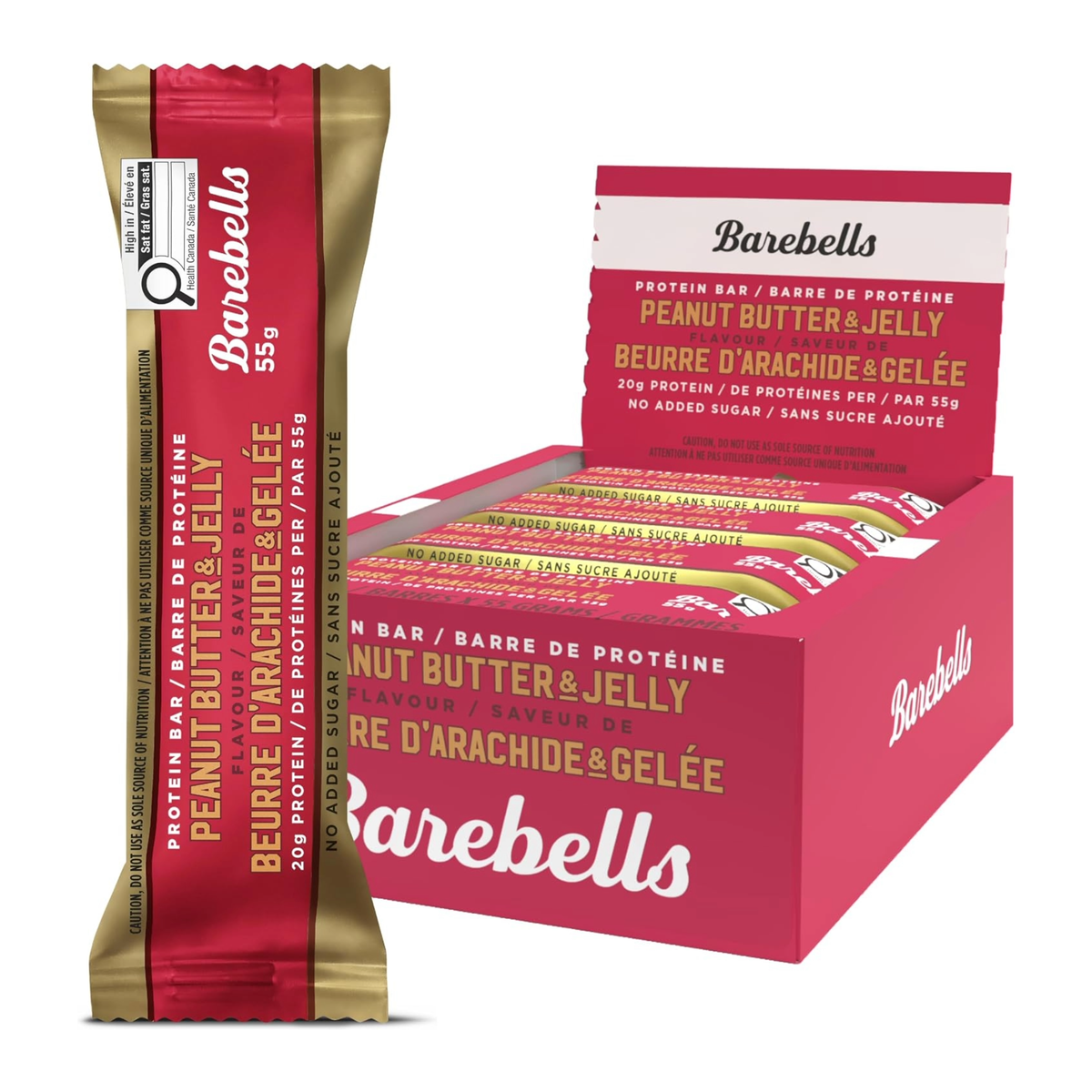 Barebells Protein Bar Peanut Butter & Jelly box of 12 — single bar and open display box, front view, 55g bars