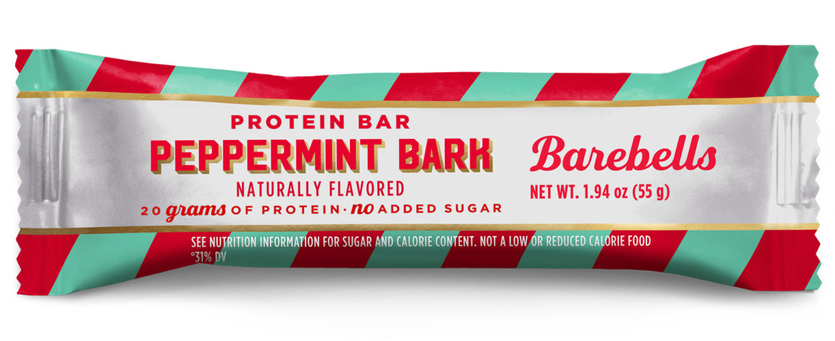 Barebells Peppermint Bark protein bar packaging on a white background