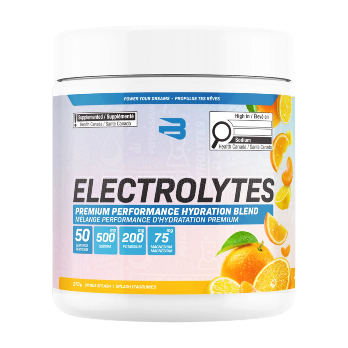 Believe Electrolytes 50 Servings — Citrus Splash tub, front label