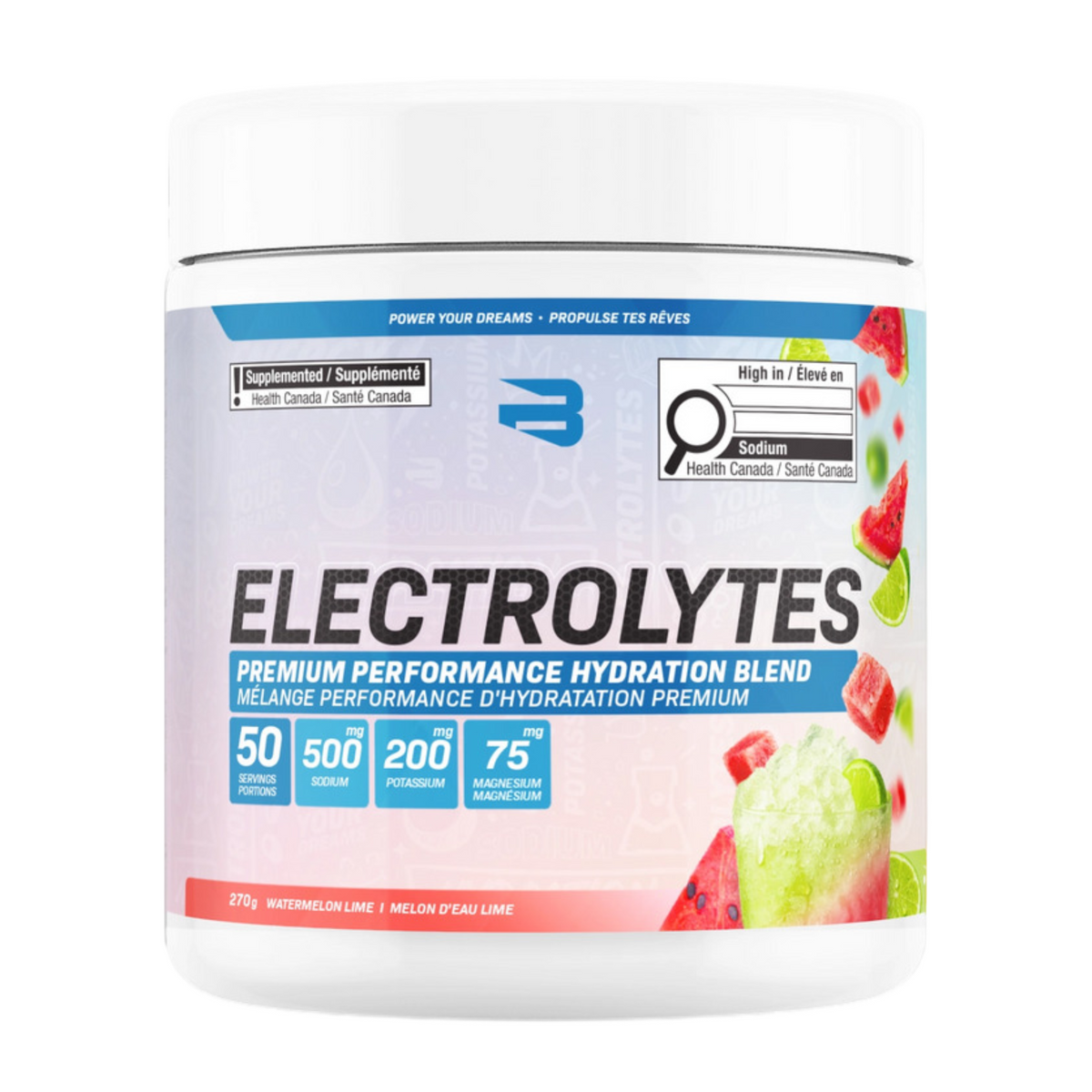 Believe Electrolytes 50 Servings — Watermelon Lime tub, front label