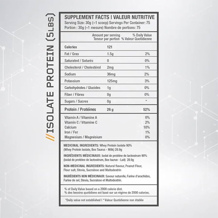 Nutritional label for beyond yourself 5lbs whey isolate protein on a white background