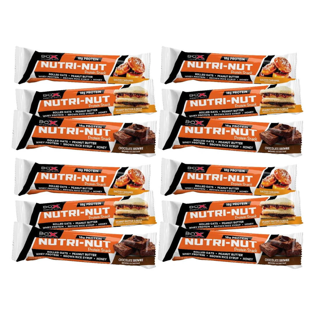 BioX Nutri-Nut Protein Snack Bar Variety Pack - 4 Salted Caramel, 4 PB&J, 4 Chocolate Brownie
