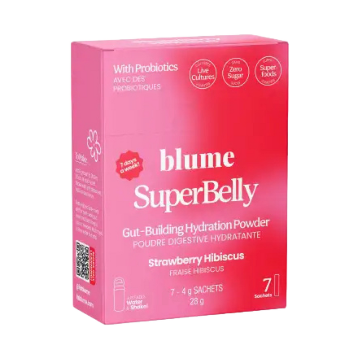 Pink box of blume SuperBelly powder with strawberry hibiscus flavor 7 sachets