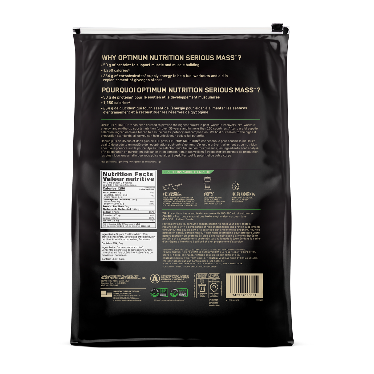 Rear Label Nutrition Facts of Optimum Nutrition Serious Mass supplement mass gainer formula vanilla 12lbs bag