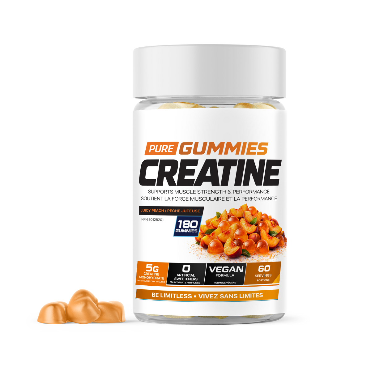 Limitless Pharma Pure Creatine Gummies 180 Gummies — Juicy Peach tub, front label