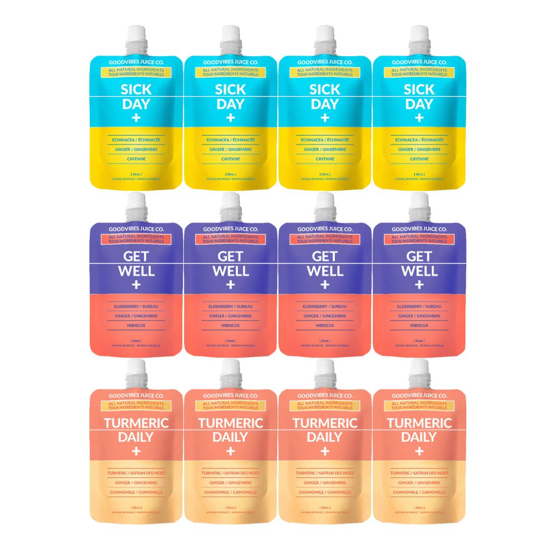 Goodvibes Juice Co. Mixer Pack 4 Get Well, 4 Turmeric Daily, 4 Sick Days (Pack of 12 x 50ml Pouches)