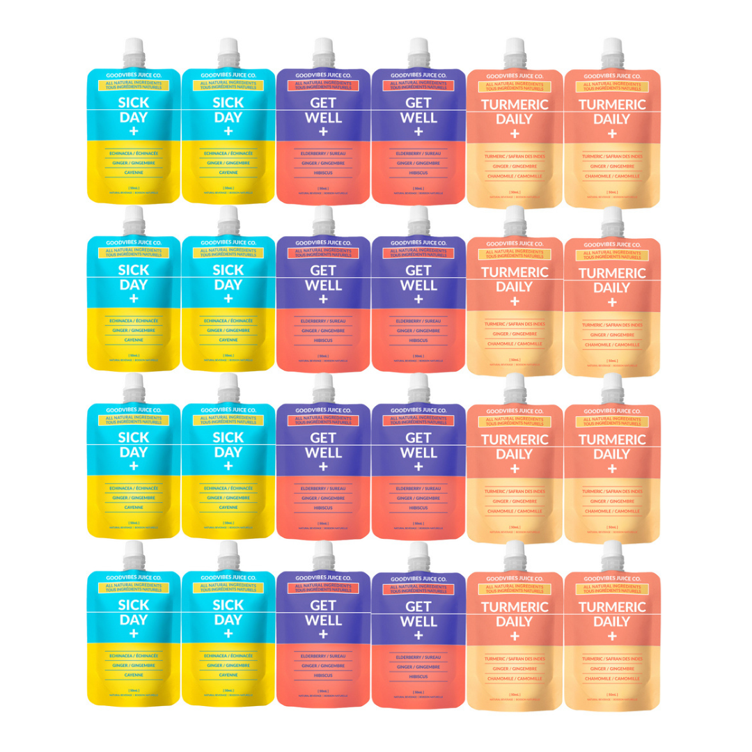Goodvibes Juice Co. Mixer Pack 8 Get Well, 8 Turmeric Daily, 8 Sick Days (Pack of 24)