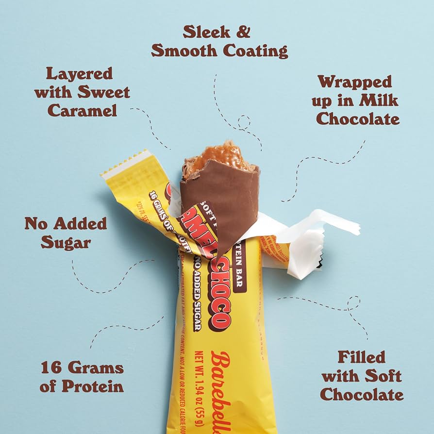 Barebells Soft Protein Bar Caramel Choco — partly unwrapped bar on blue background with feature callouts, 16 g protein