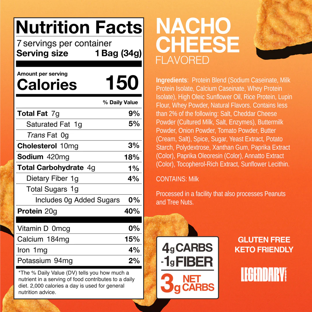 Legendary Foods Protein Chips (Box of 7 Bags) 34g Each - Nacho Cheese