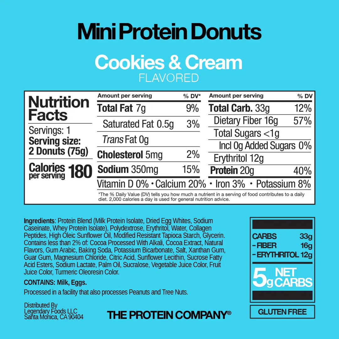 Legendary Foods Mini Protein Donuts Cookies & Cream — Nutrition Facts and ingredients panel