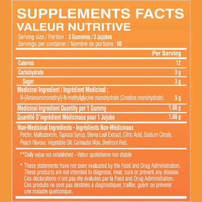 Limitless Pharma Creatine Gummies Peach Flavour Nutrition Facts and Ingredients Label