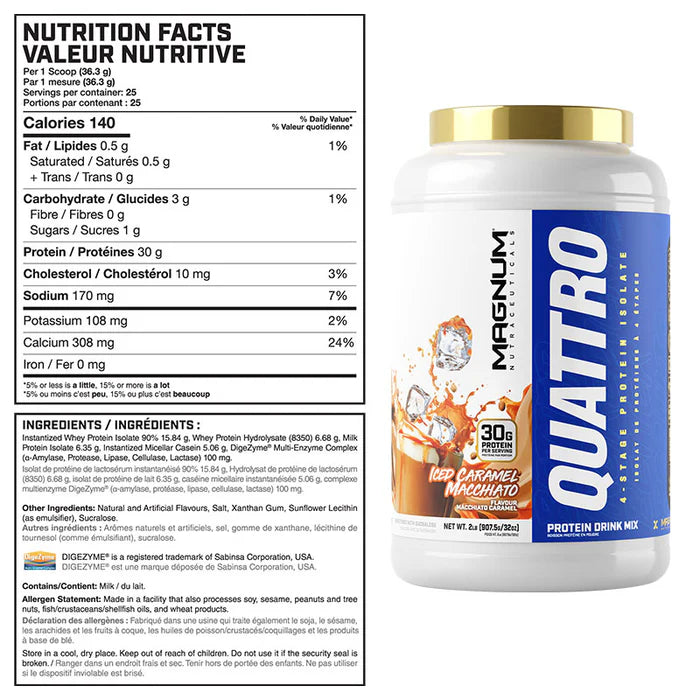 Magnum Quattro 2lbs Isolate Protein Powder Nutrition Facts Label and Ingredients List