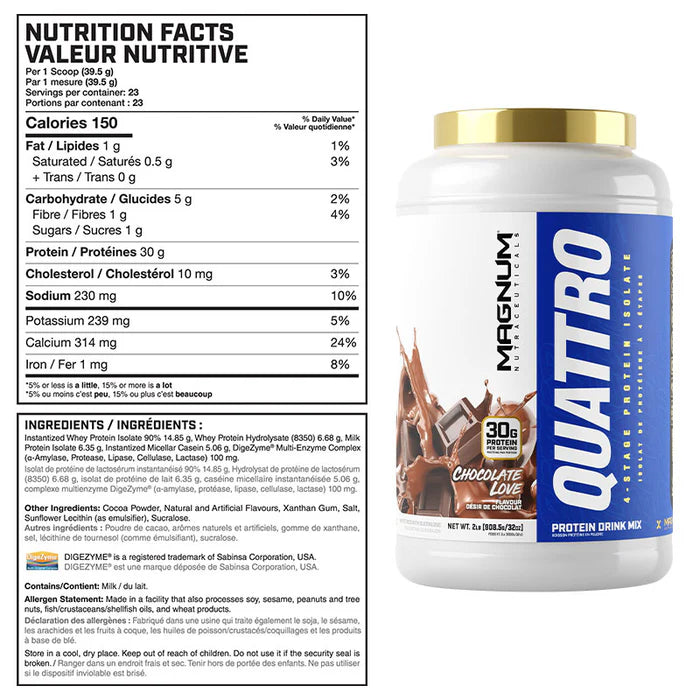 Magnum Quattro 2lbs Isolate Protein Powder Nutrition Facts Label and Ingredients List Chocolate flavour