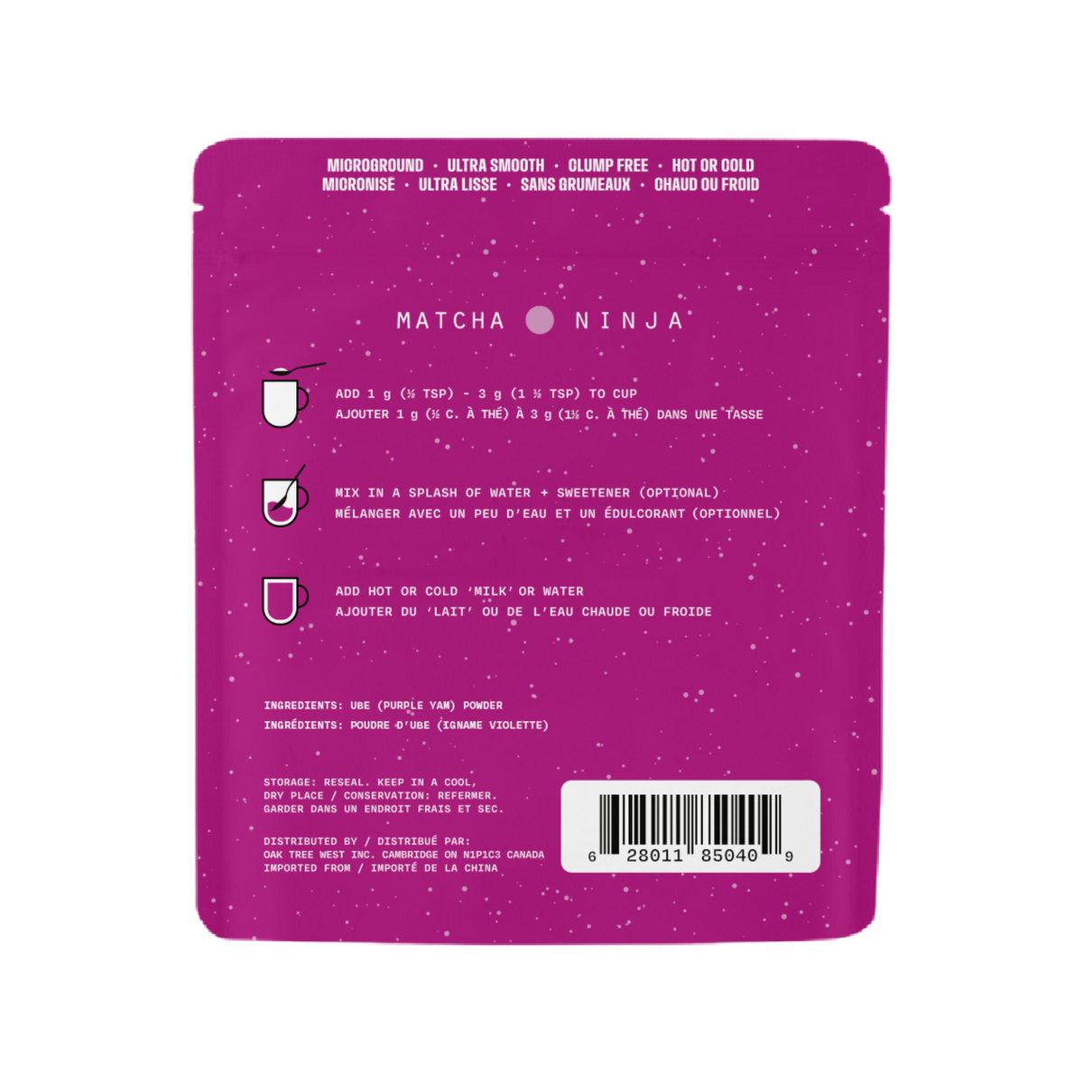 Matcha Ninja Ube Powder 30g, back with directions and ingredients panel