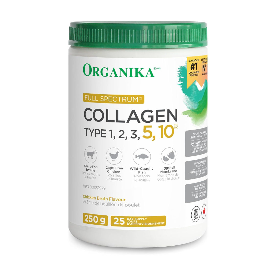 Organika Full Spectrum Collagen Protein Type 1, 2, 3, 5, 10 - 250g 25 Day Supply - Chicken Bone Broth Flavour