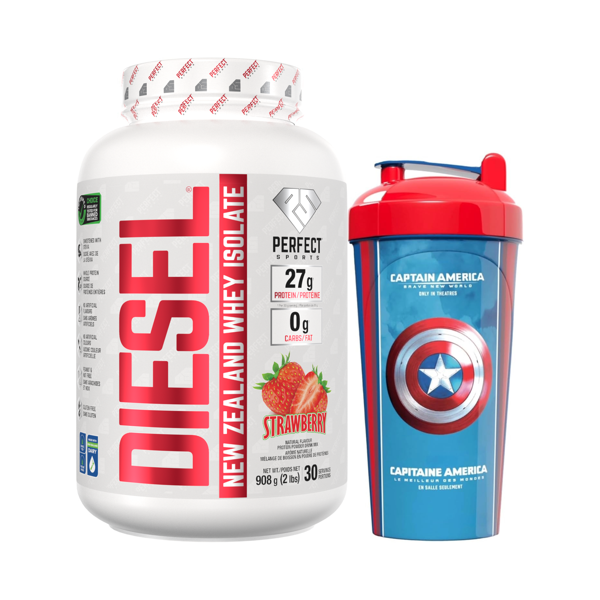 Perfect Sports Diesel 2LB Strawberry Whey Isolate with Captain America Shaker