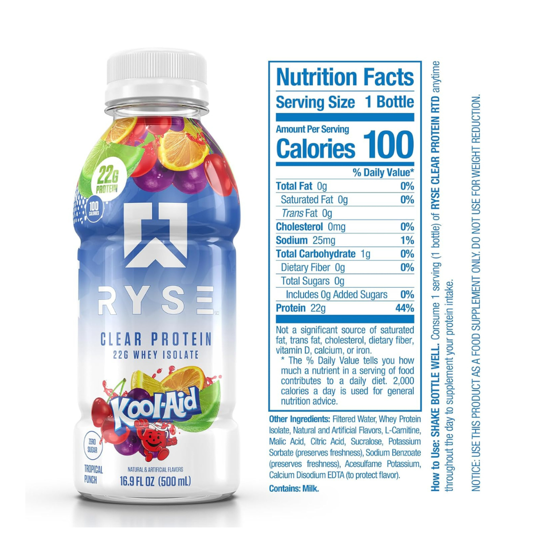 Ryse Clear Whey Isolate Protein Drink - Case of 12 x 500mL - Kool-Aid Tropical Punch