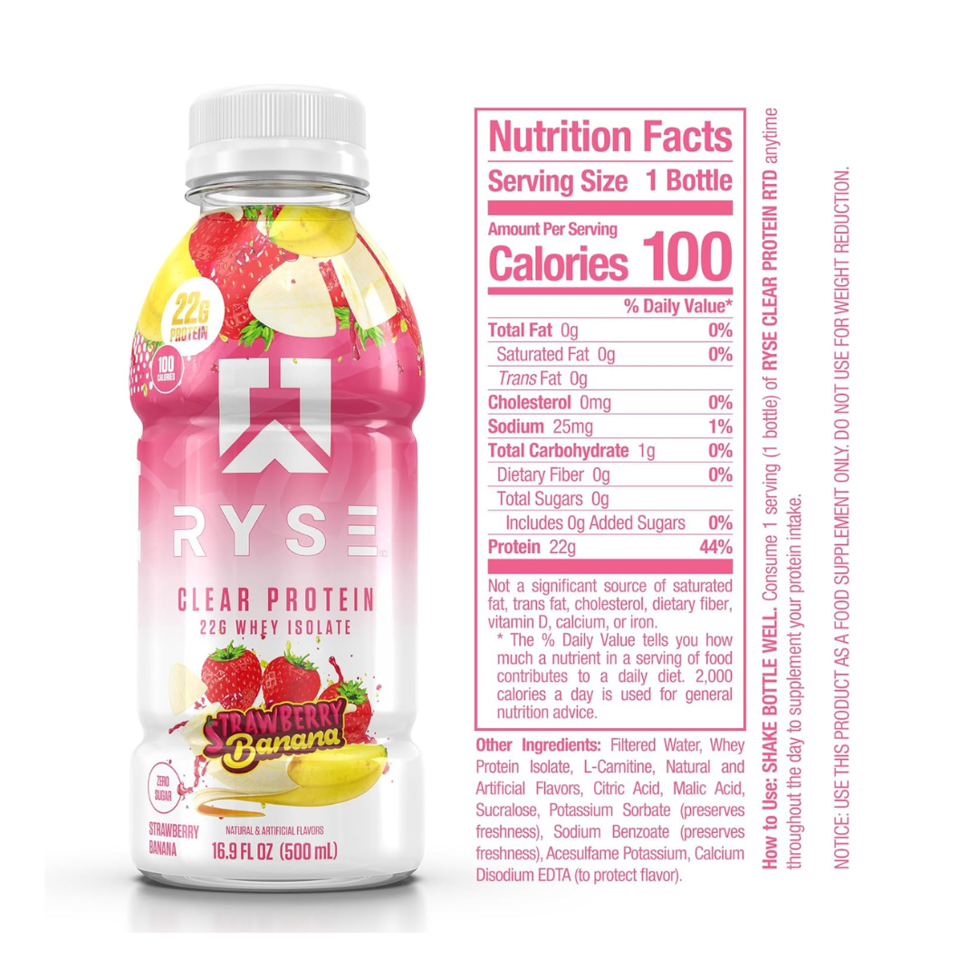 Ryse Clear Whey Isolate Protein Drink - Case of 12 x 500mL - Strawberry Banana