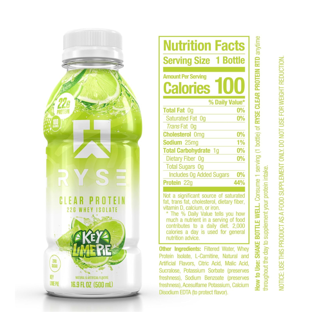 Ryse Clear Whey Isolate Protein Drink - Case of 12 x 500mL Bottles - Key Lime Pie