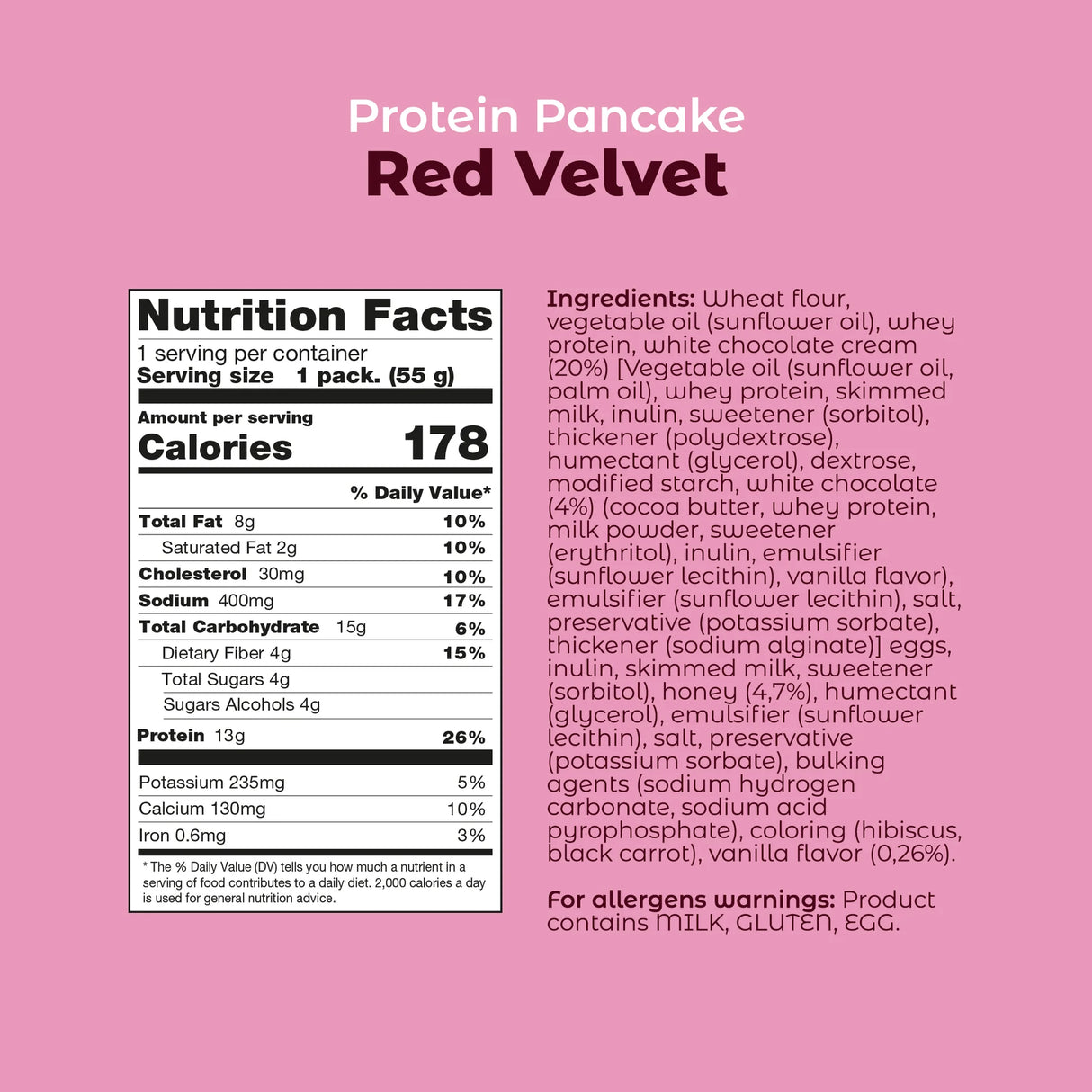 Smarter Snacks White Chocolate Cream Red velvet Flavor Box of 12 Protein Pancakes Nutrition Facts and Ingredient List