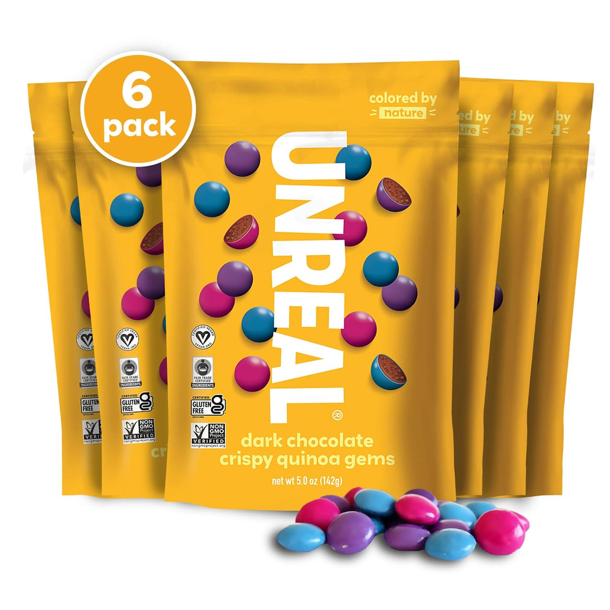 Unreal Snacks Multi-Serve Bags Pack of 6 — Dark Chocolate Crispy Quinoa Gems, front and product display