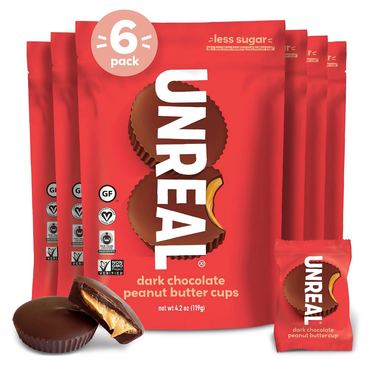 Unreal Multi-Serve Bags Dark Chocolate Peanut Butter Cups — Pack of 6, front with individual cup