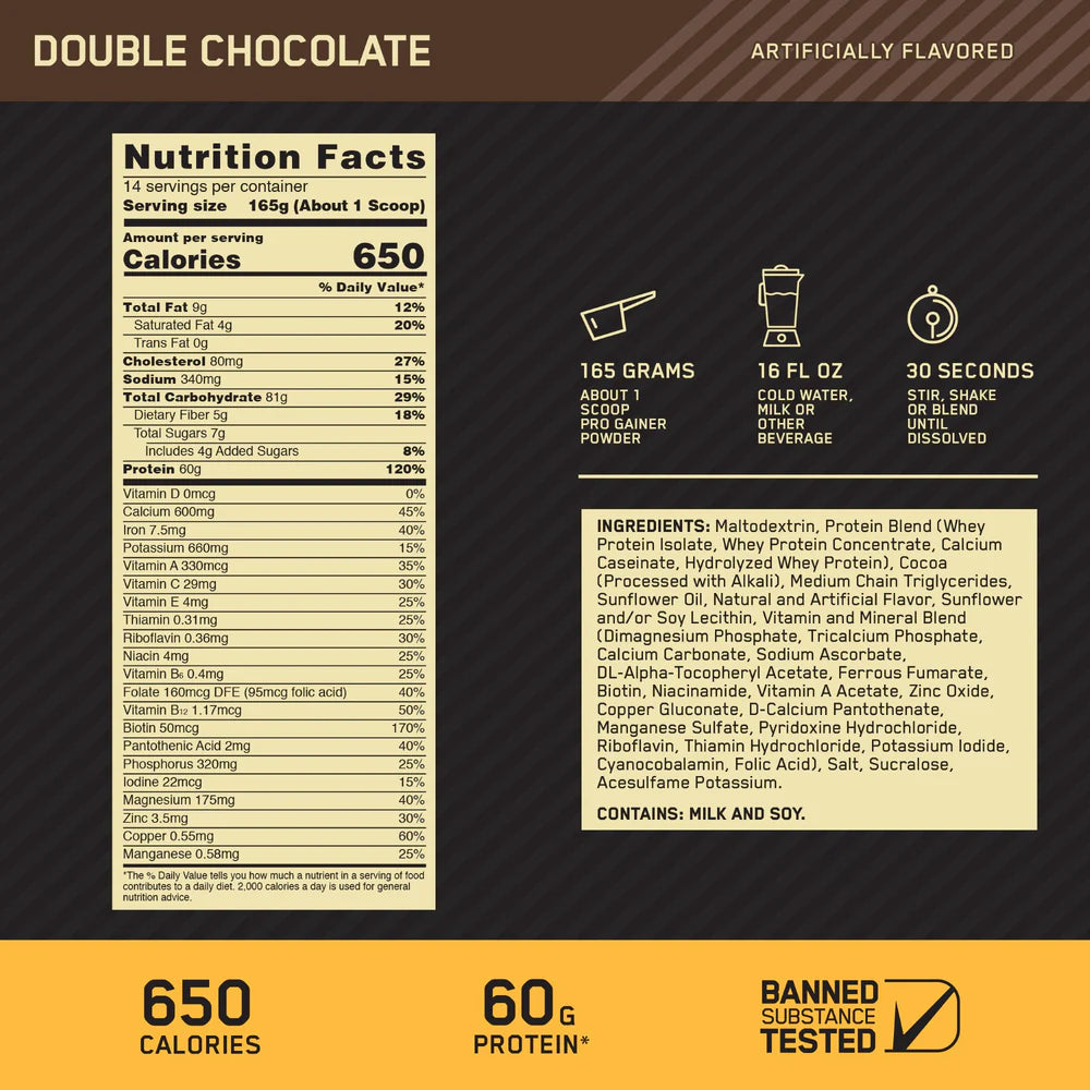 ON Gold Standard Pro Complex Gainer 5lbs — Chocolate — ingredients label and nutrition facts panel