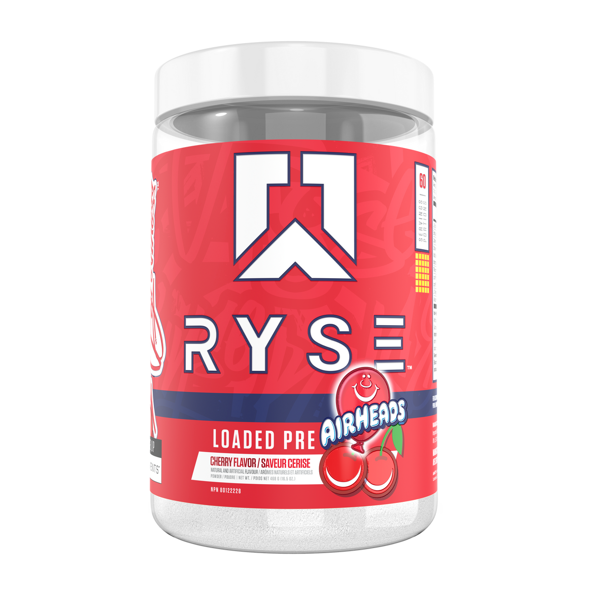 Ryse Loaded Pre 30 Servings — Airheads Cherry tub, front label