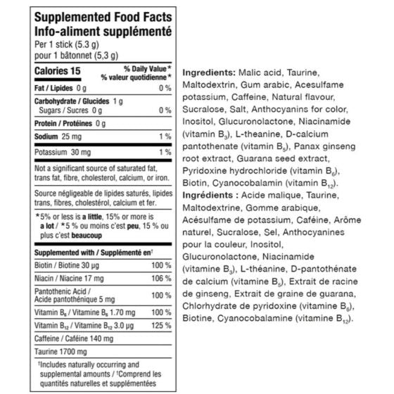 Supplemented food facts label with ingredients and nutritional information for Alani Nu Energy Sticks Pack of 5 x 5.3g per stick