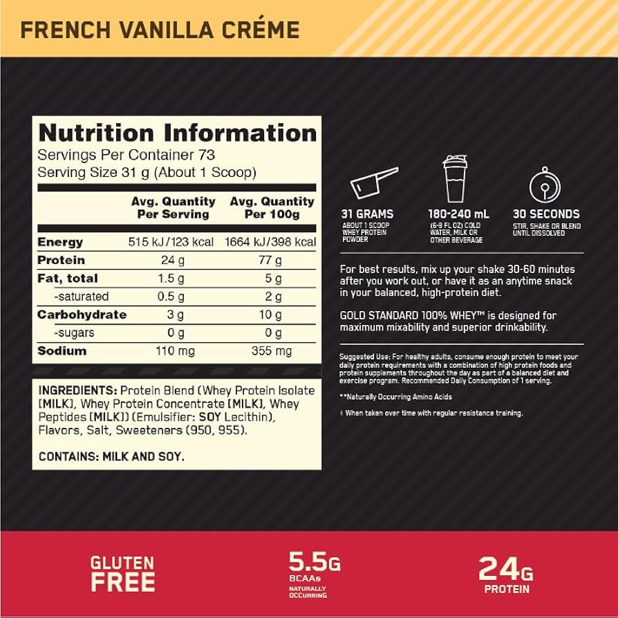ON Gold Standard 100% Whey Protein 5LB — French Vanilla Creme — ingredients label and nutrition facts panel