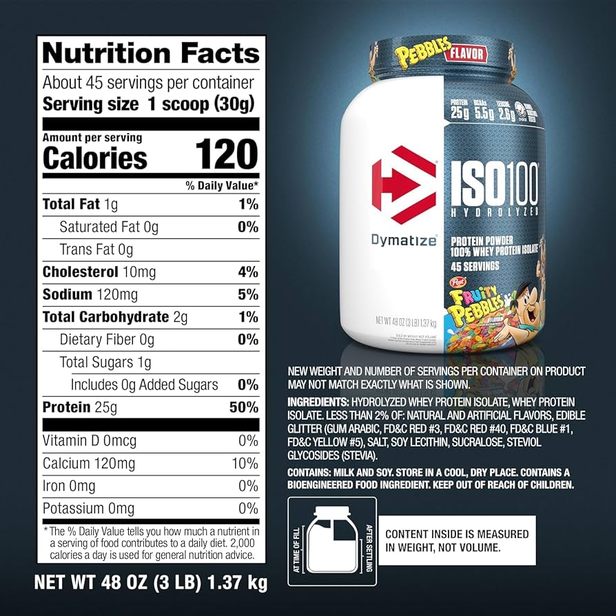 Dymatize Iso 100 Hydrolyzed Whey Protein 3LB — Fruity Pebbles — ingredients label and nutrition facts panel