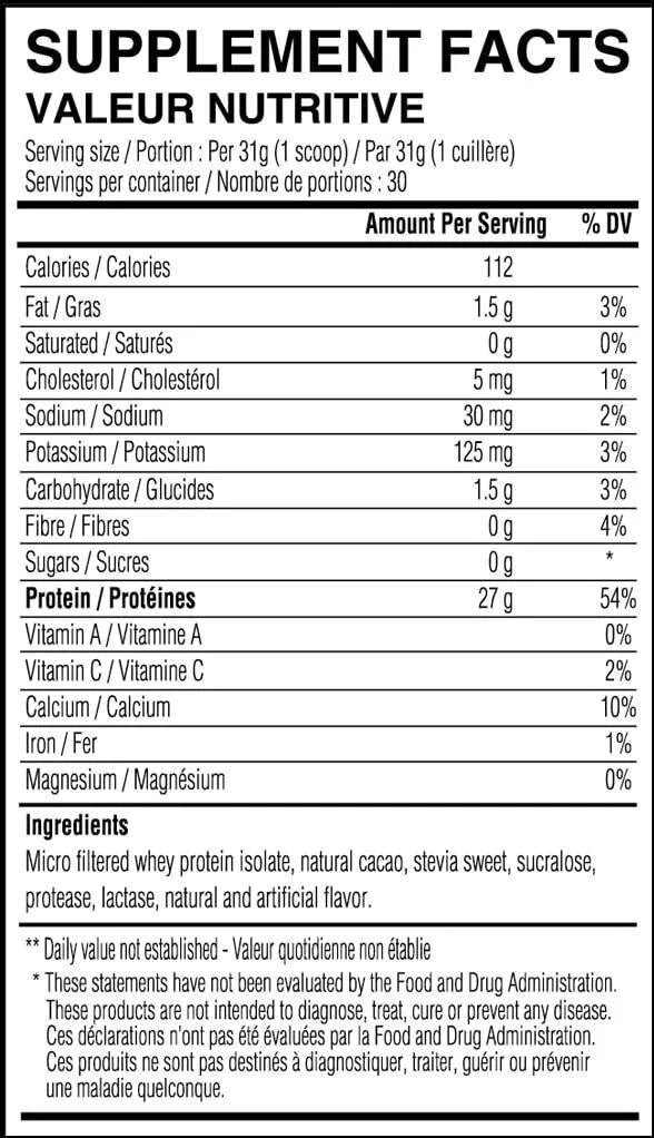 Limitless Pharma Whey Protein Isolate 2lbs — Vanilla — ingredients label and nutrition facts panel