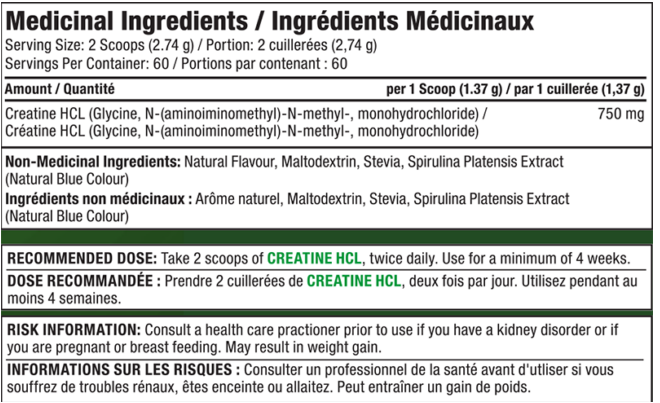 Pro Line Creatine HCL Powder 120 servings Natural Sweetened — Natural Blue Raspberry — ingredients label and nutrition facts panel