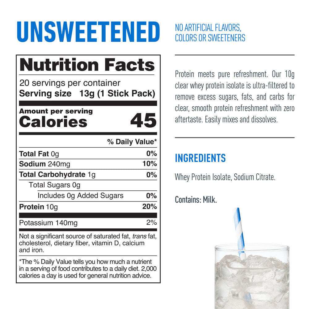 Isopure Clear Protein Stick Packs (Pack of 20) — ingredients label and nutrition facts panel