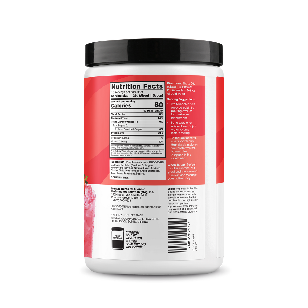ON Pro Quench Clear Protein, Collagen & Electrolyte Powder 16 Servings — ingredients label and nutrition facts panel